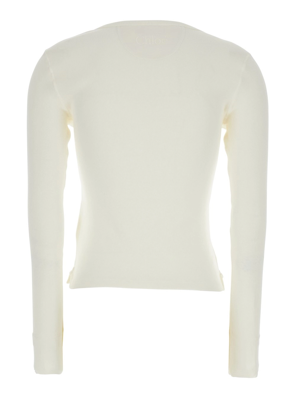 Chloé T-Shirt a Maniche Lunghe con Patch Logo sul Fronte e Lavorazione a Coste in Cotone Bianca Donna, view 2