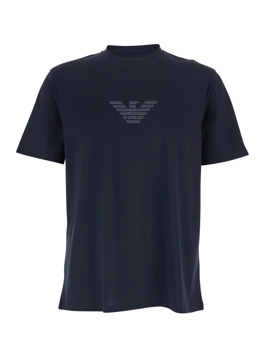 Emporio Armani T-Shirt 'Girocollo' con Ricamo Logo sul Fronte in Cotone Blu Uomo