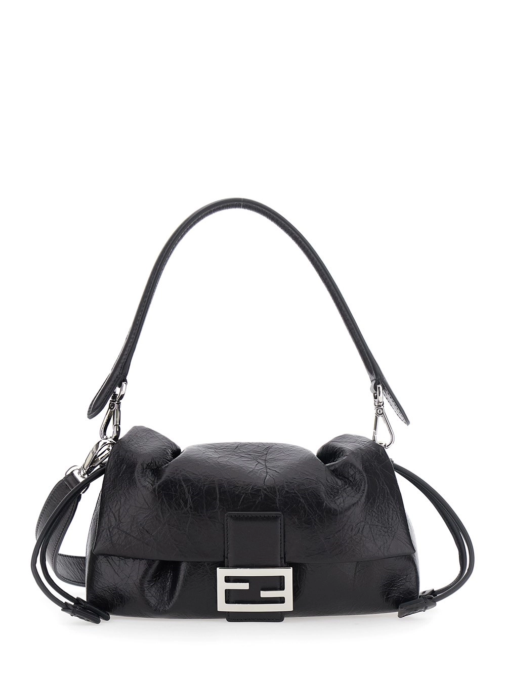 Fendi Borsa a Spalla 'Baguette Soft' Media  con placca FF sul Fronte e Chiusura a Coulisse in Pelle Nera Donna