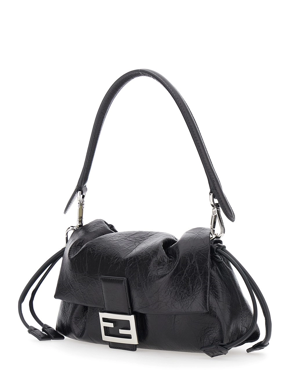 Fendi Borsa a Spalla 'Baguette Soft' Media  con placca FF sul Fronte e Chiusura a Coulisse in Pelle Nera Donna, view 2