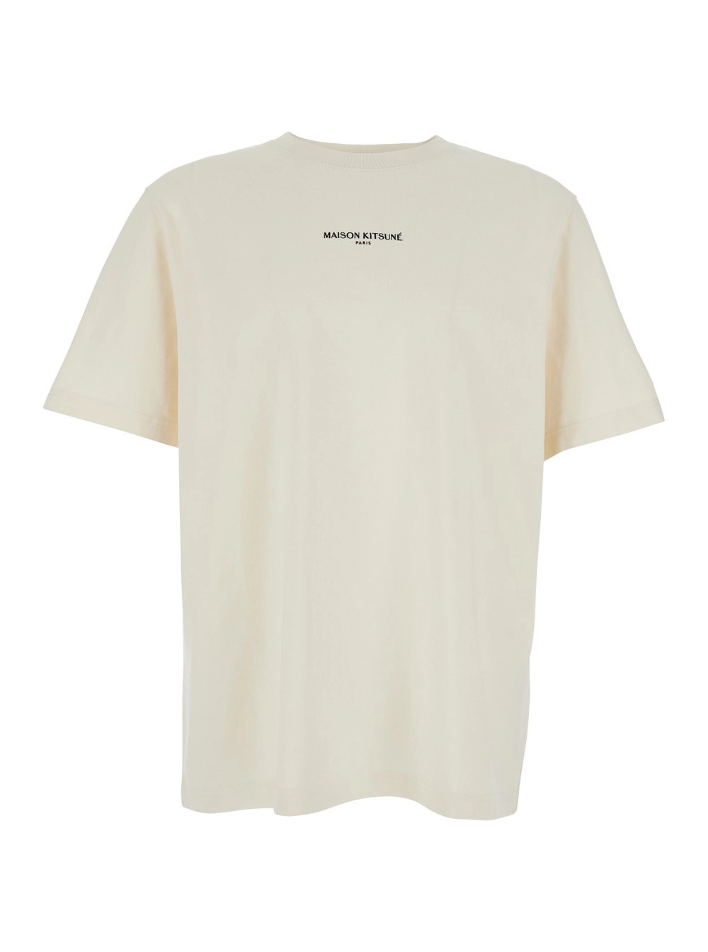 Maison kitsuné T-shirt girocollo con logo sul fronte in cotone beige uomo