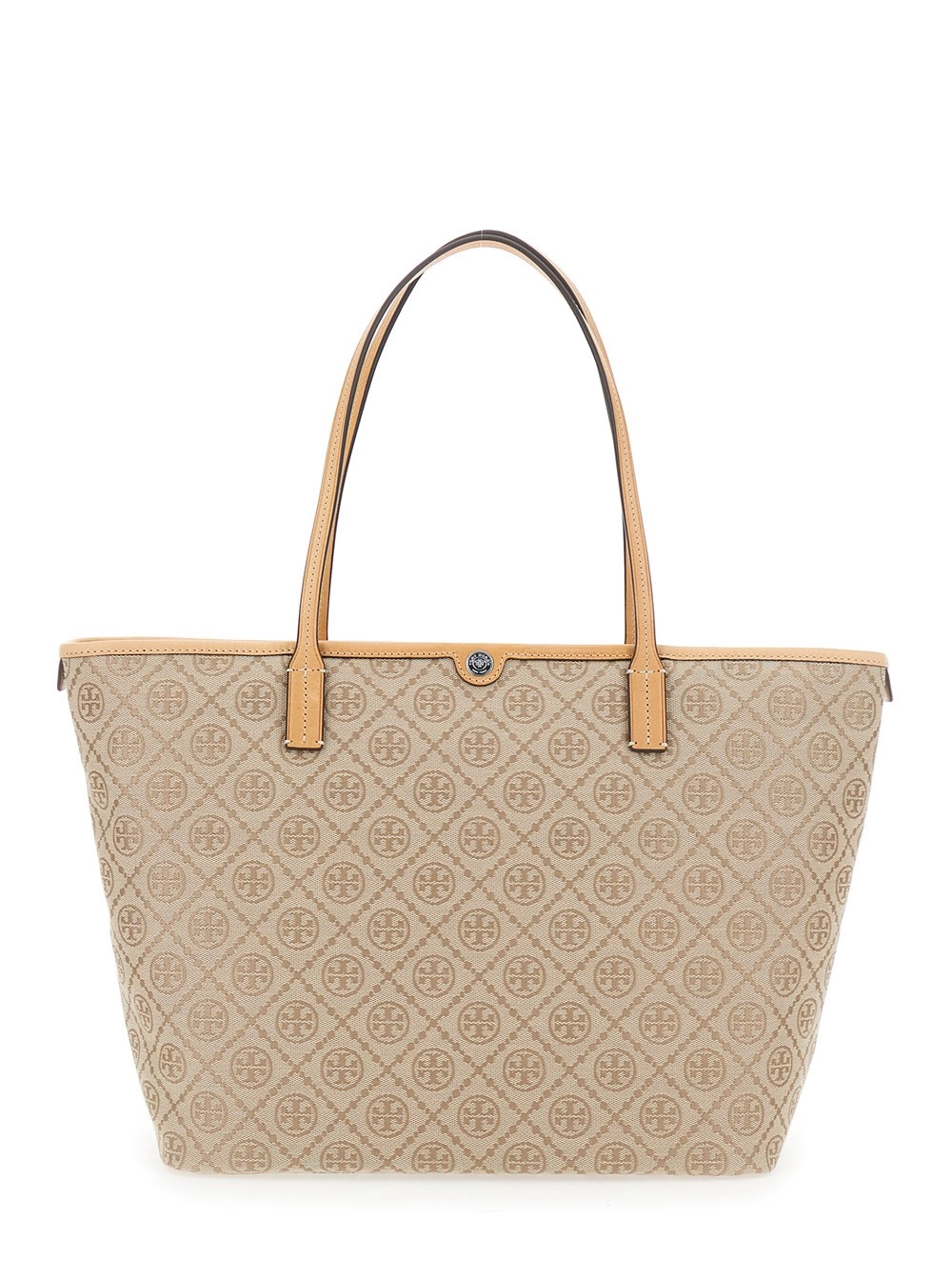 Tory Burch Borsa Shopping Grande on Monogramma Logo All-Over e Chiusura con Zip Superiore in Tela Beige Donna