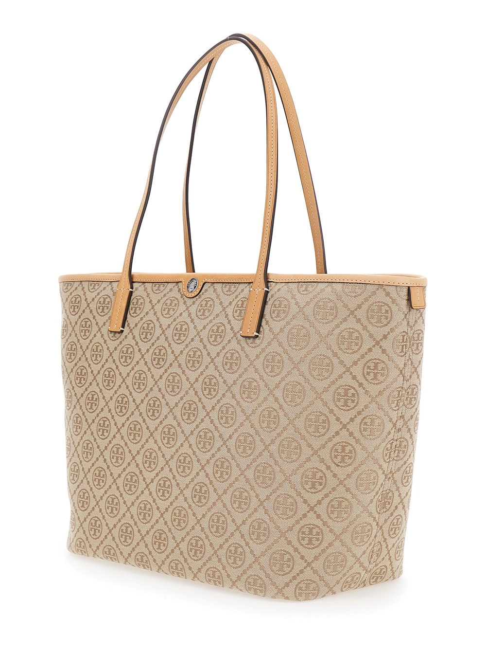 Tory Burch Borsa Shopping Grande on Monogramma Logo All-Over e Chiusura con Zip Superiore in Tela Beige Donna, view 2