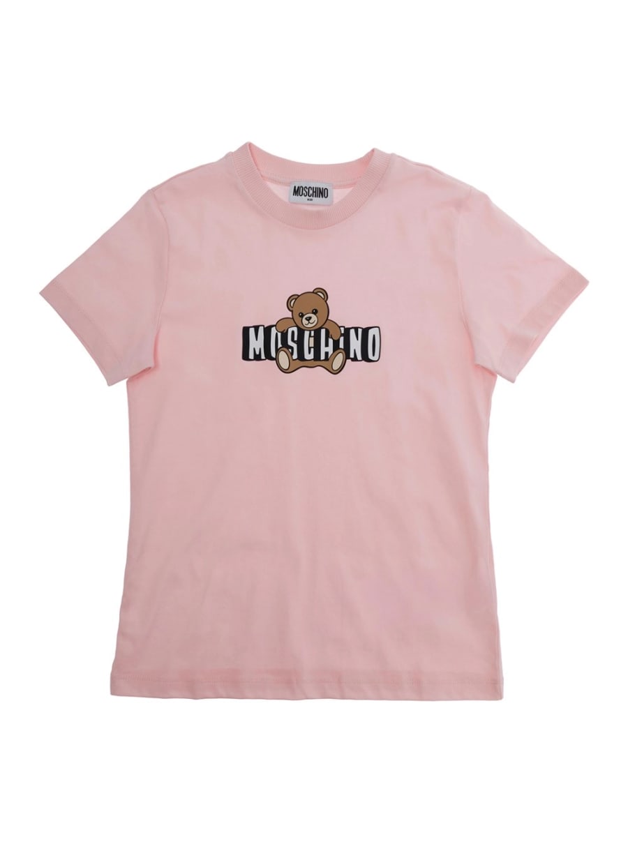 Moschino kids T-Shirt Girocollo con Stampa Logo sul Fronte in Cotone Rosa Bambino