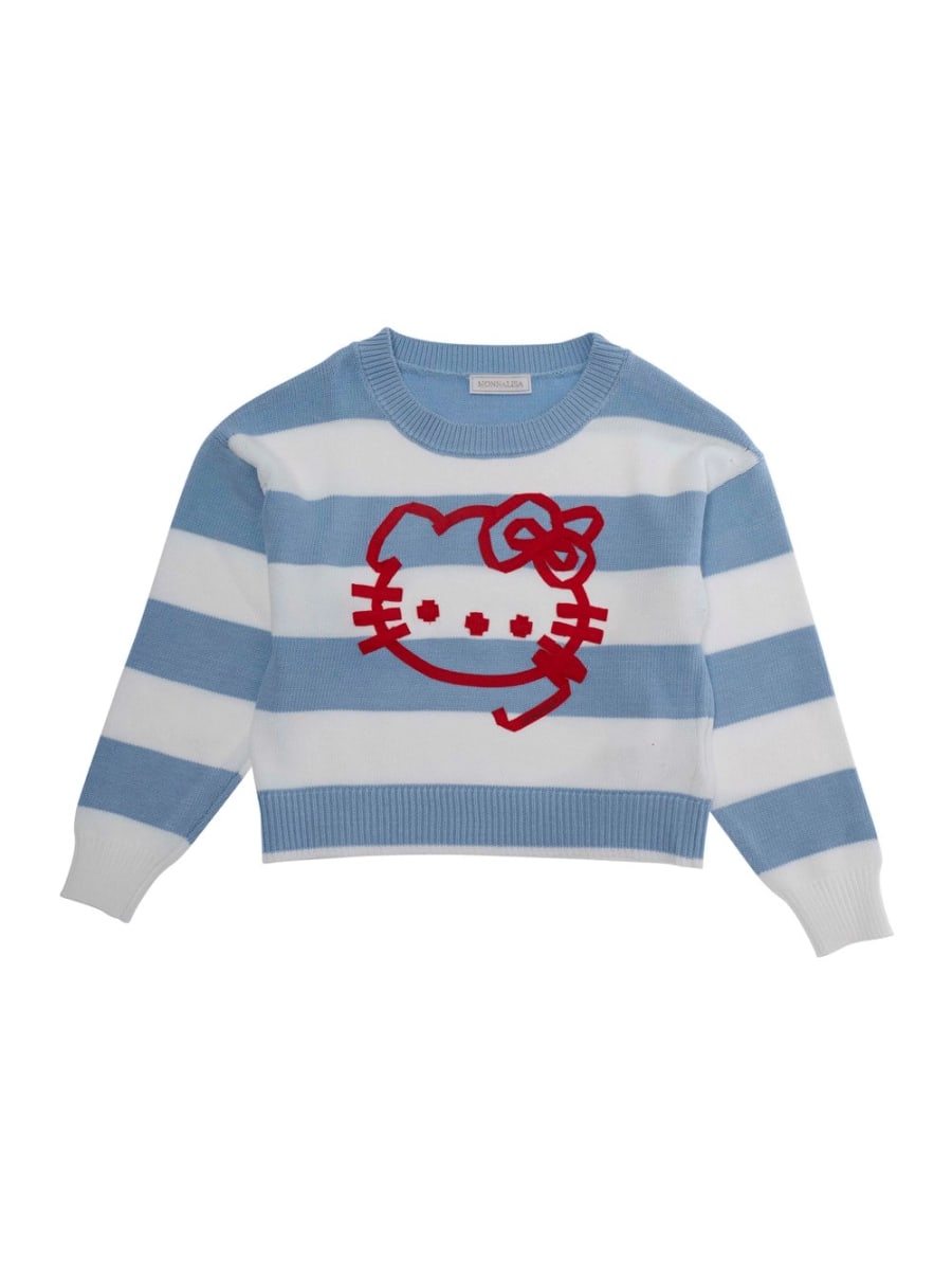 Monnalisa kids Maglione Girocollo con Ricamo Hello Kitty sul Fronte e Motivo a Righe All-Over in Misto Viscosa Azzurro Bambina