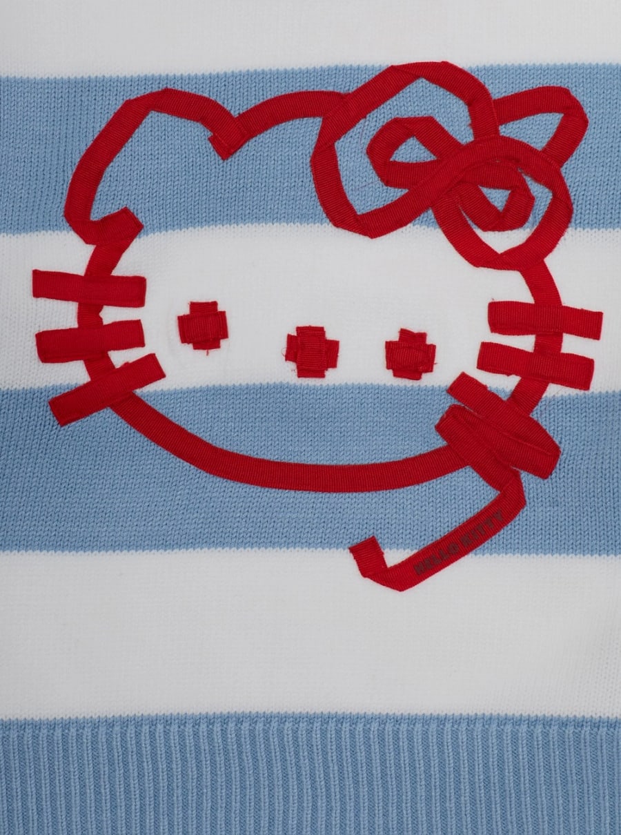 Monnalisa kids Maglione Girocollo con Ricamo Hello Kitty sul Fronte e Motivo a Righe All-Over in Misto Viscosa Azzurro Bambina, view 3