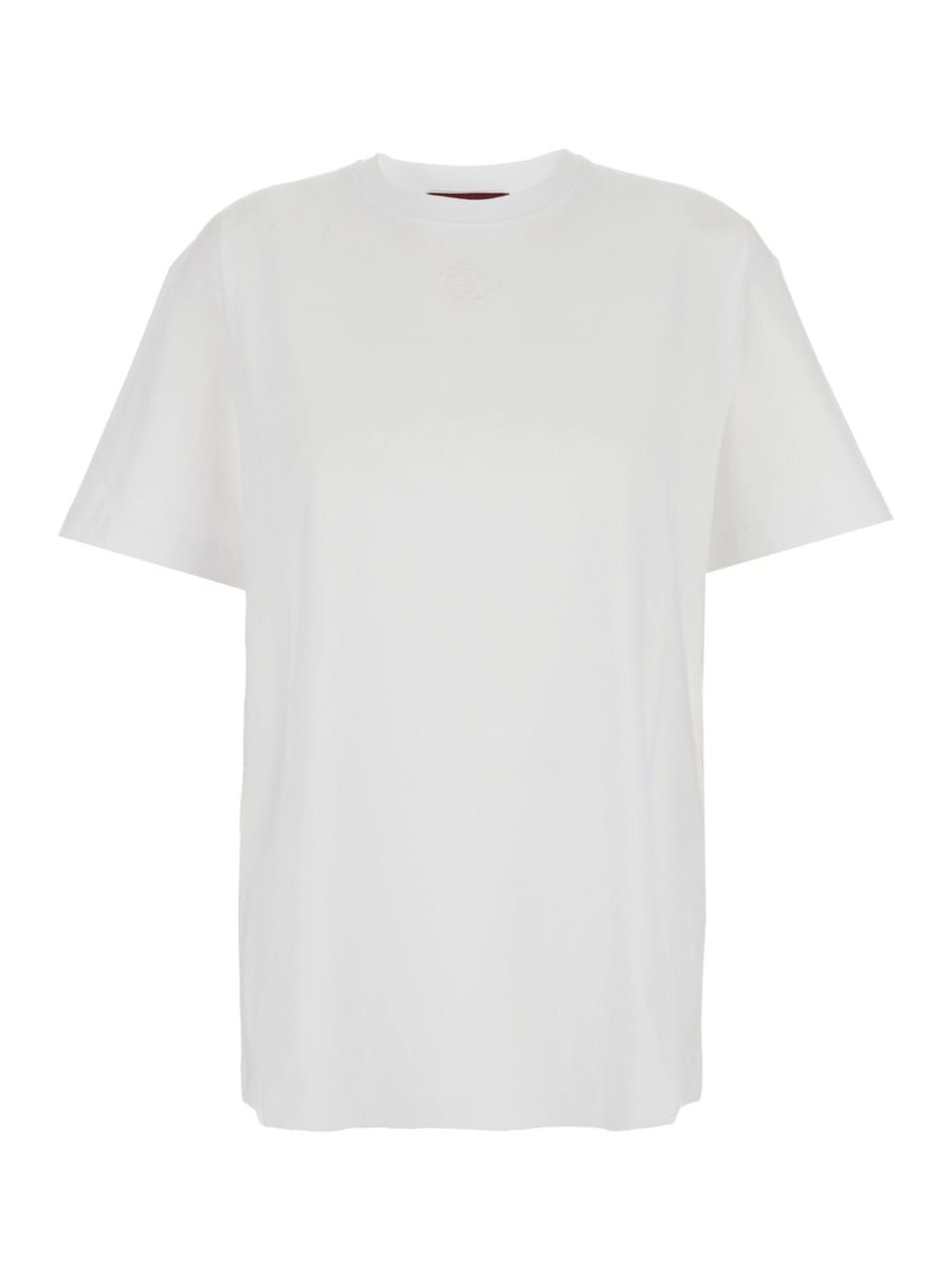 Gucci T-Shirt Girocollo con Ricamo GG Tono su Tono sul Fronte in Cotone Bianca Donna
