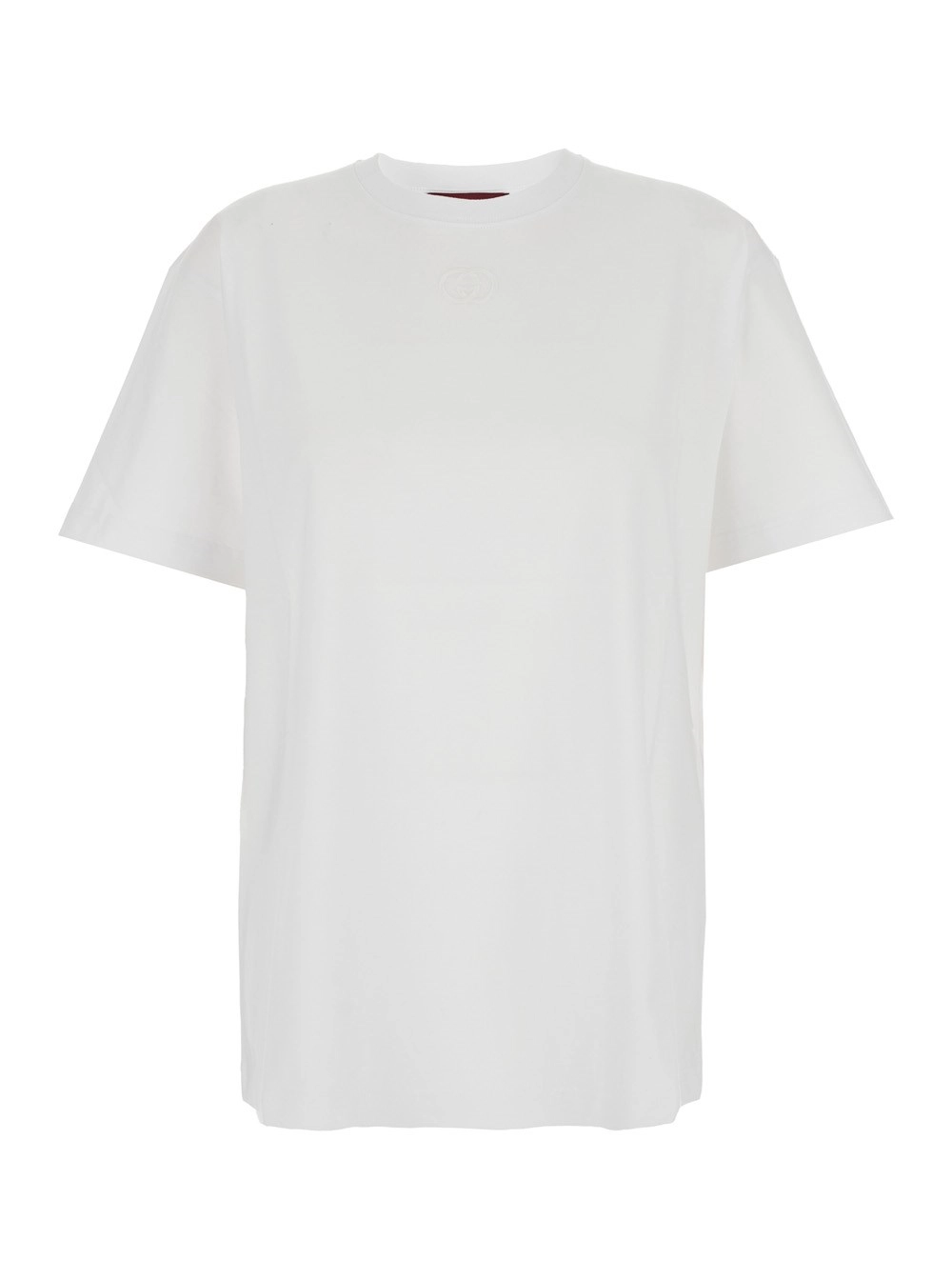 Gucci T-Shirt Girocollo con Ricamo GG Tono su Tono sul Fronte in Cotone Bianca Donna