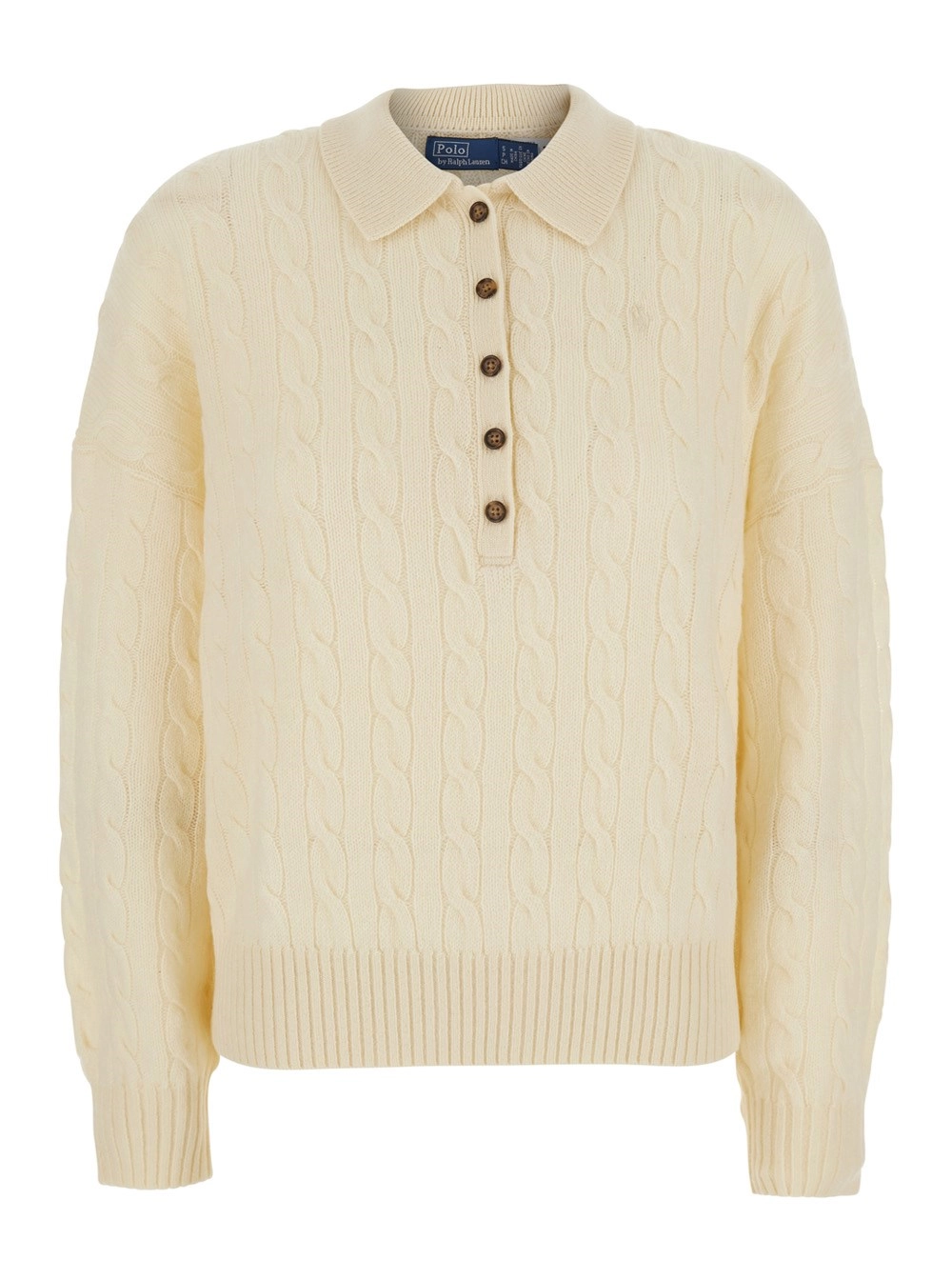 Polo Ralph Lauren Maglione con colletto classico e lavorazione a treccia in lana e cashmere bianco donna