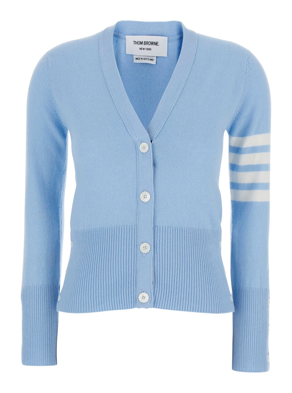 Thom Browne Cardigan con Scollo a V e Logo 4Bar sulla Manica in Cashmere Azzurro Donna