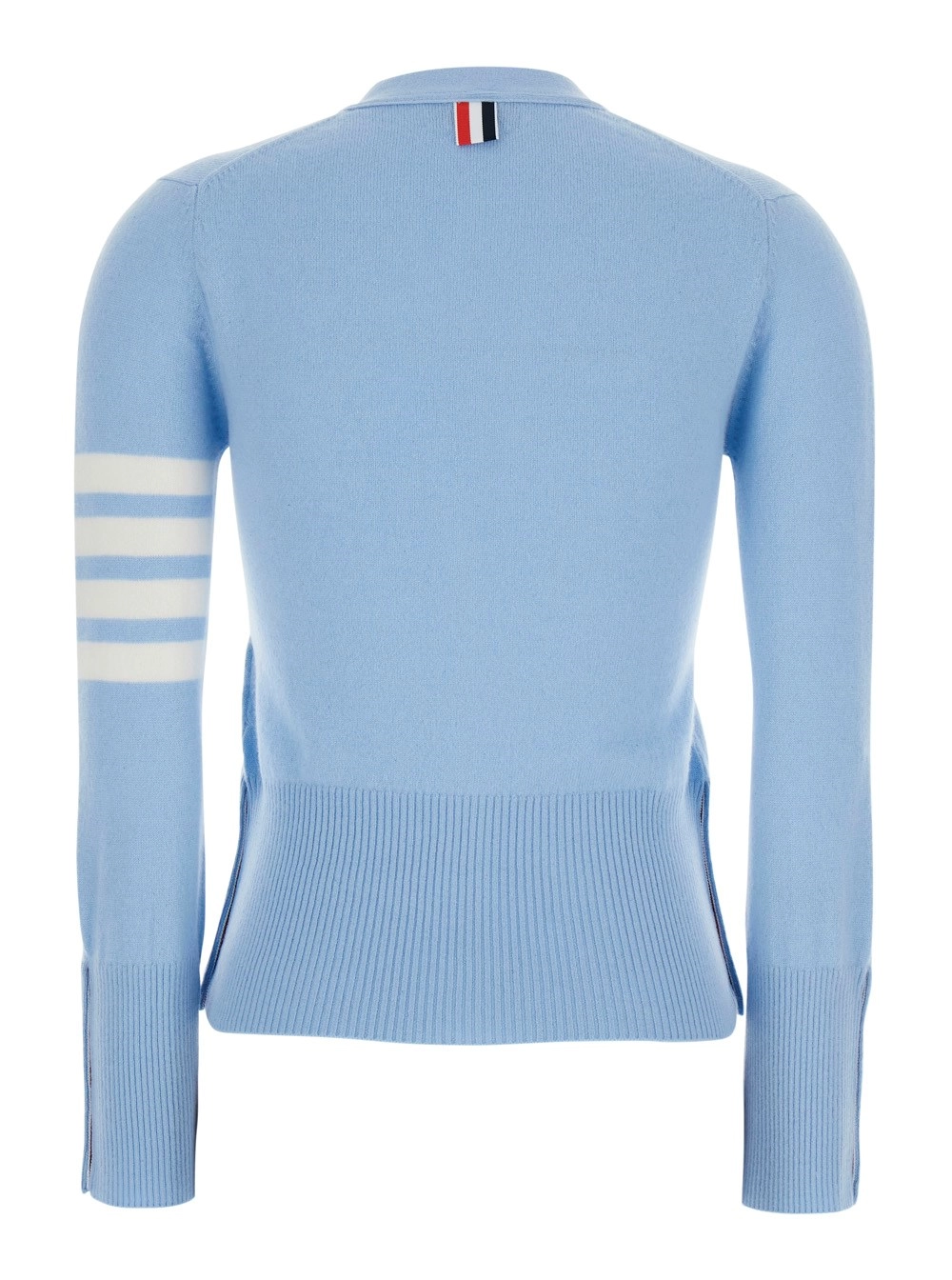 Thom Browne Cardigan con Scollo a V e Logo 4Bar sulla Manica in Cashmere Azzurro Donna, view 2