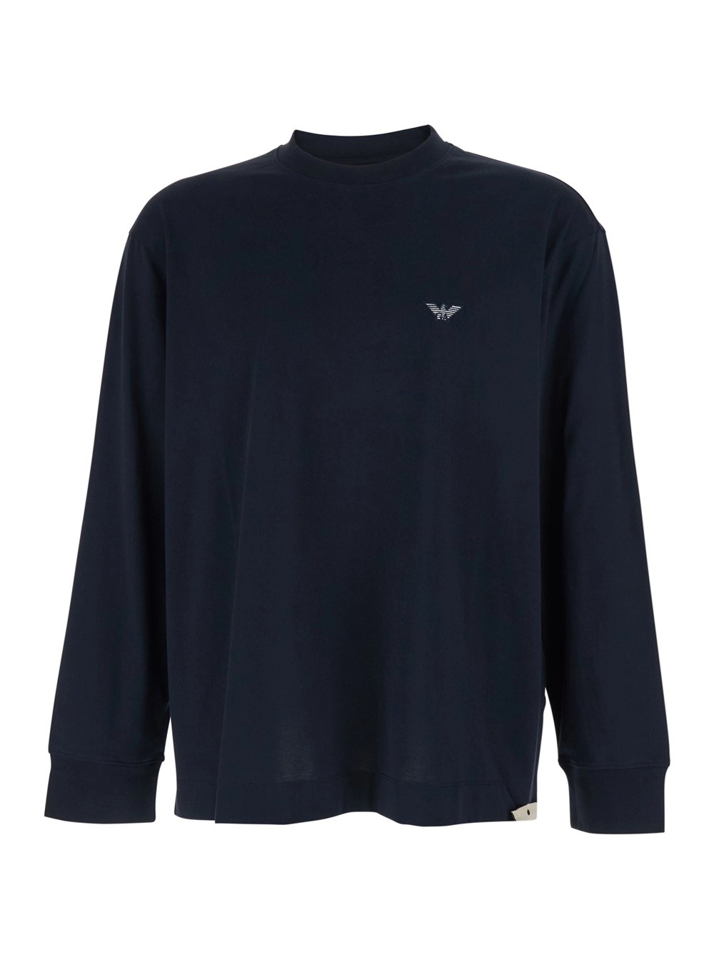 Emporio Armani T-Shirt a Maniche Lunghe Girocollo con Ricamo Logo sul Fronte in Cotone Blu Uomo