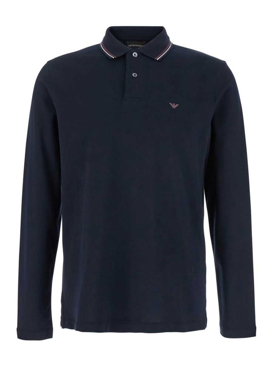 Emporio Armani Polo a Maniche Lunghe con Ricamo Logo in Cotone Stretch Blu Uomo