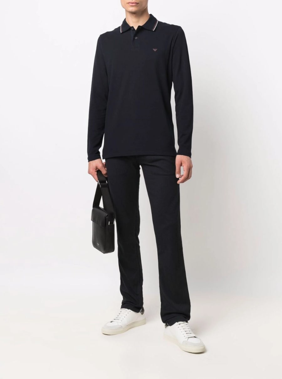 Emporio Armani Polo a Maniche Lunghe con Ricamo Logo in Cotone Stretch Blu Uomo, view 4