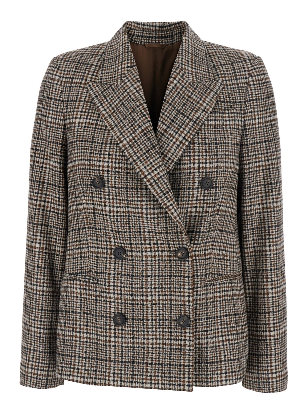 Brunello Cucinelli Giacca Doppiopetto con Revers a Lancia e Motivo Check All-Over in Lana Beige Donna