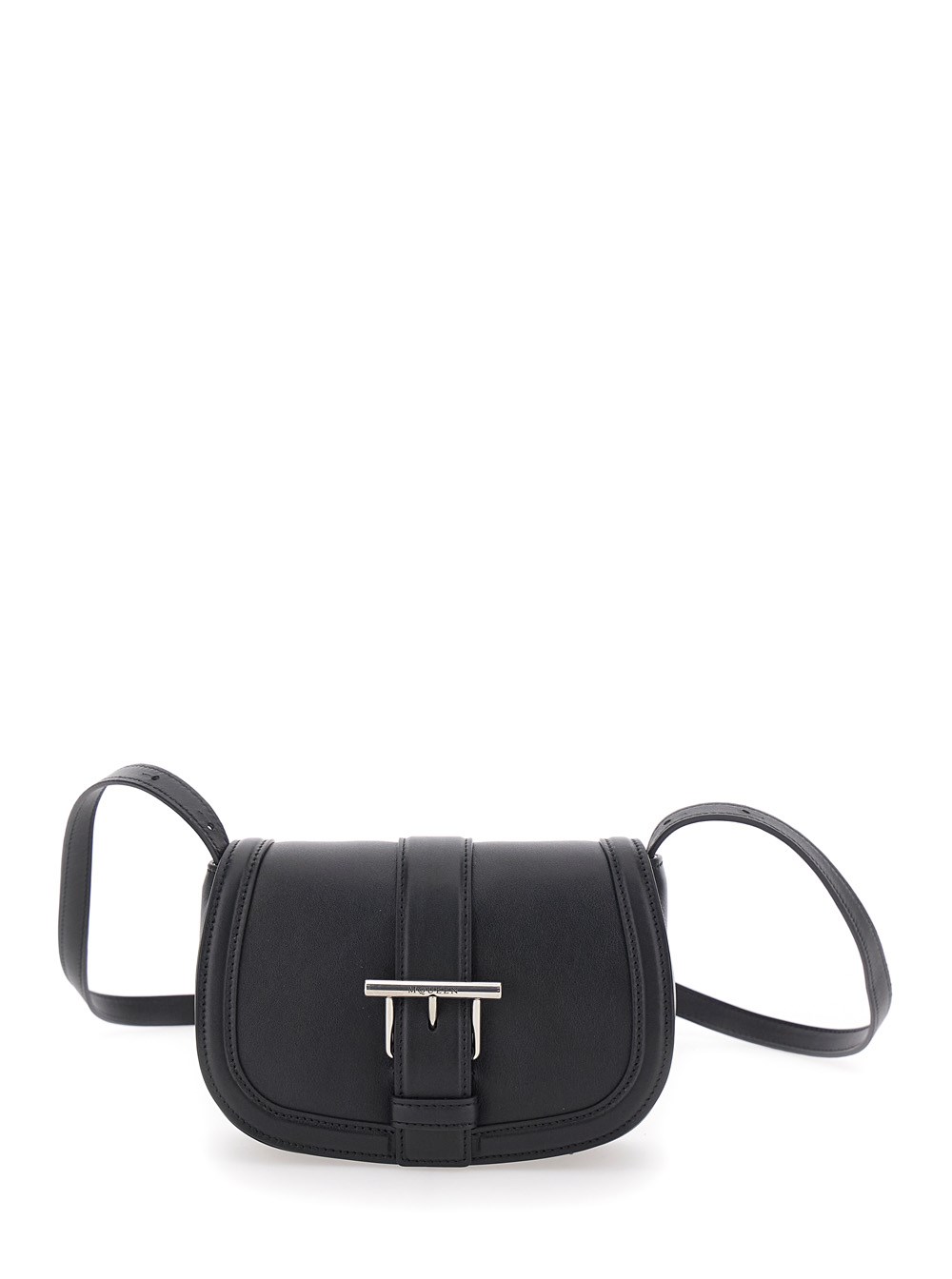 Alexander McQueen Borsa a Tracolla 'Satchel Mini' con Fibbia a T e Logo Impresso in Pelle Nera Donna