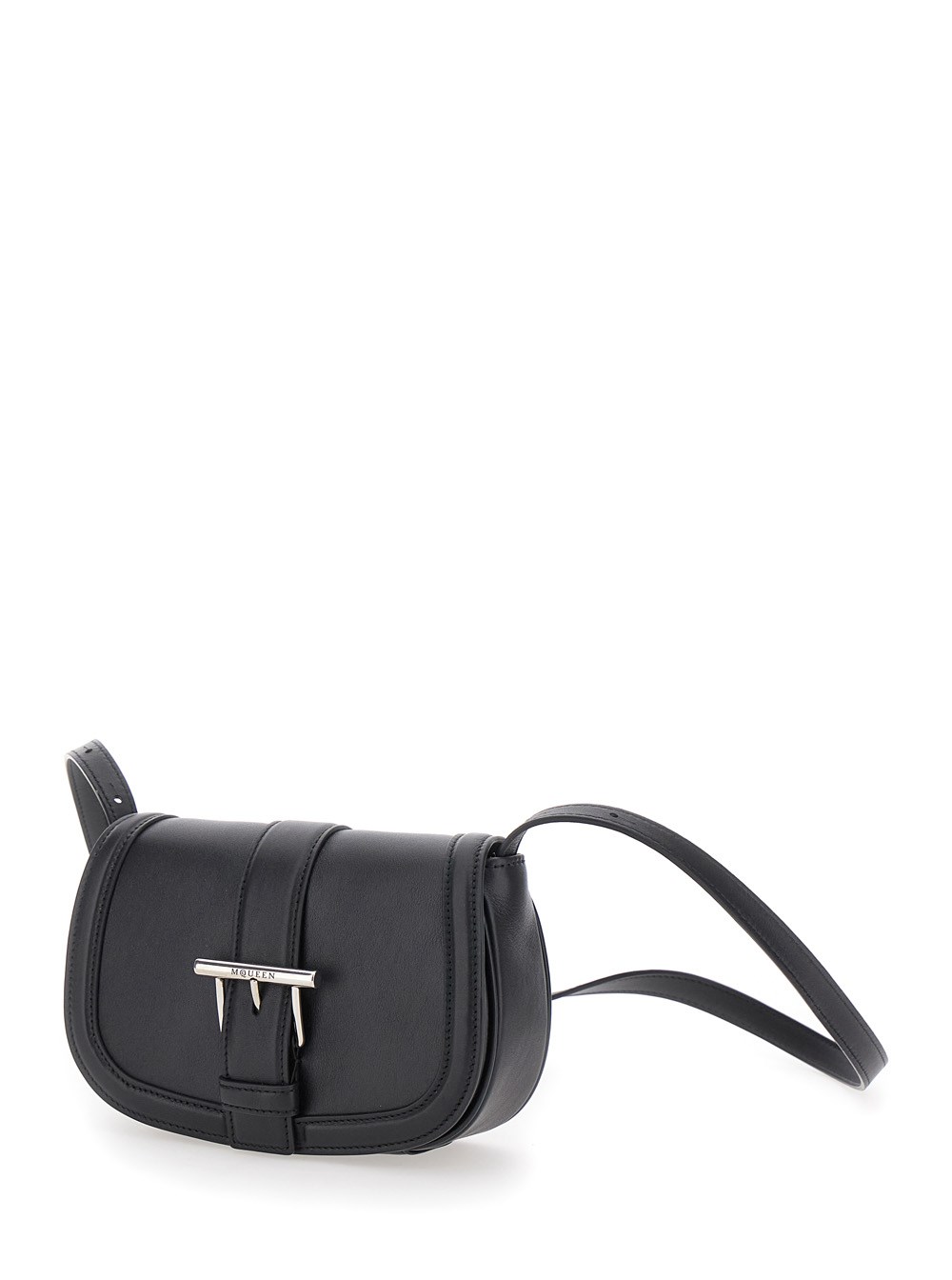 Alexander McQueen Borsa a Tracolla 'Satchel Mini' con Fibbia a T e Logo Impresso in Pelle Nera Donna, view 2