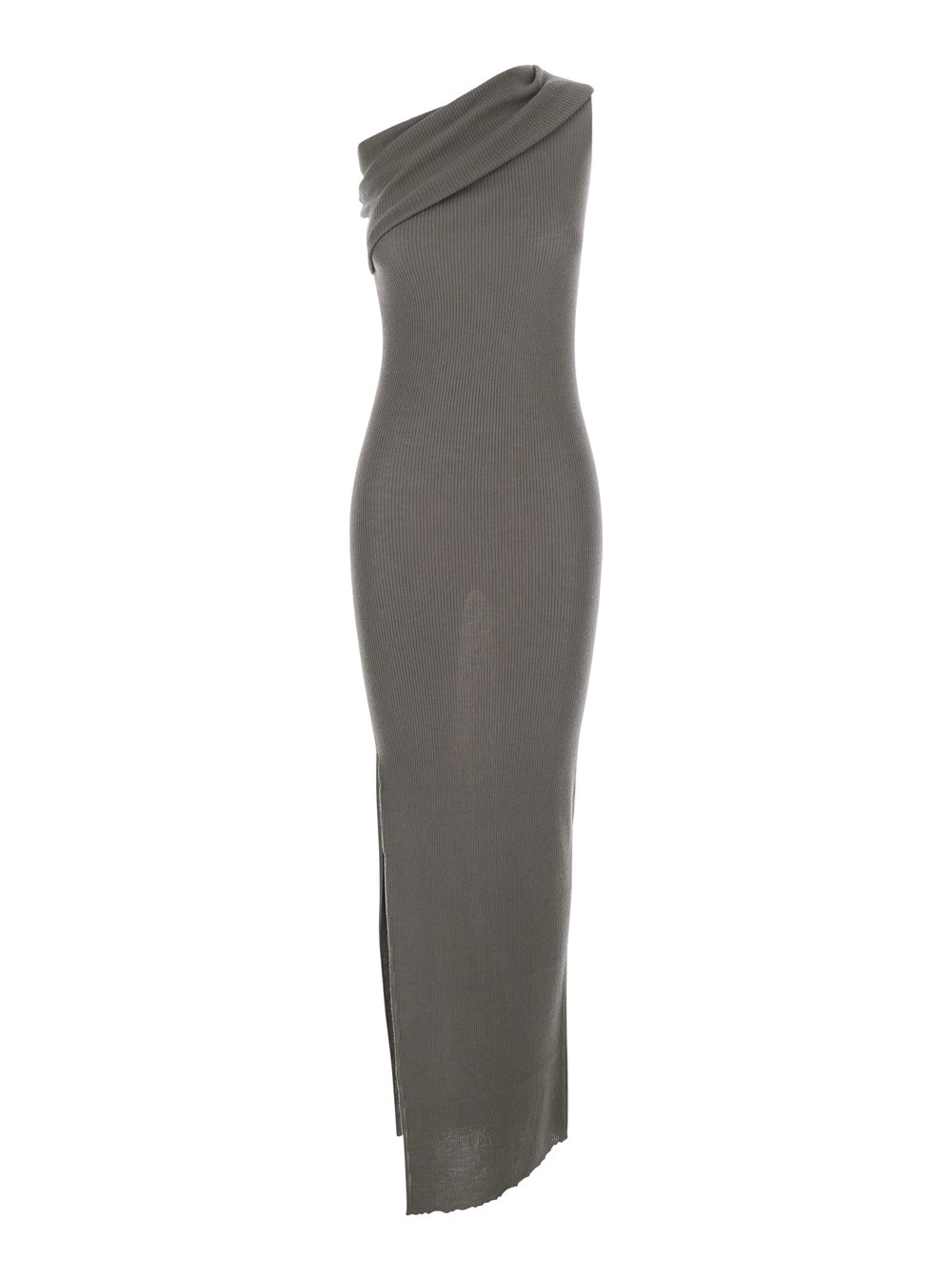 Rick Owens Abito Lungo 'Athena' Asimmetrico con Collo Ampio e Lavorazione a Coste in Maglia di Cotone Grigio Donna