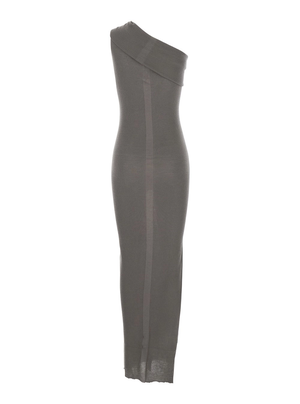 Rick Owens Abito Lungo 'Athena' Asimmetrico con Collo Ampio e Lavorazione a Coste in Maglia di Cotone Grigio Donna, view 2