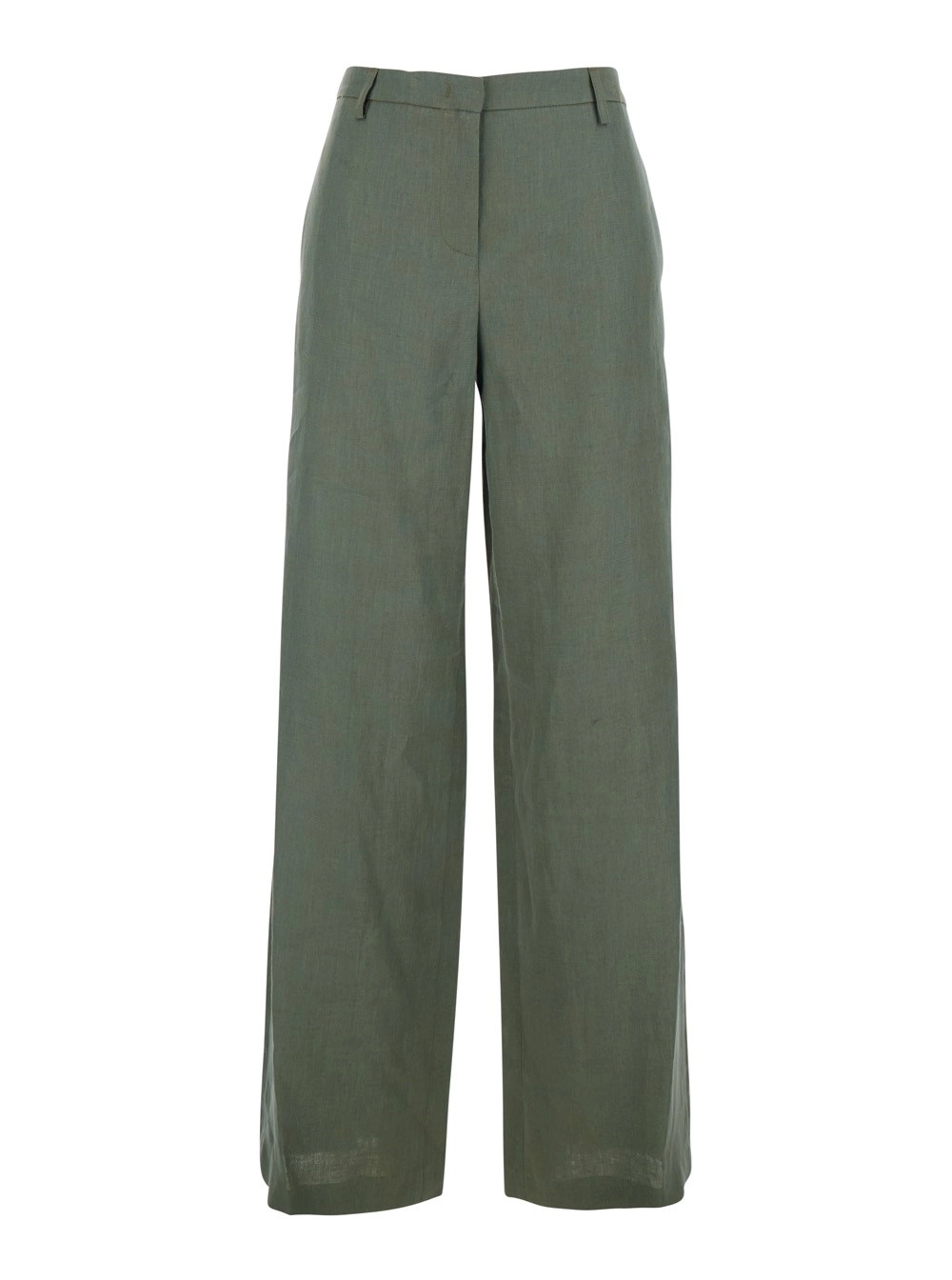 Leplain Pantalone in Lino a Gamba Larga con Passanti per Cinture Verde Donna