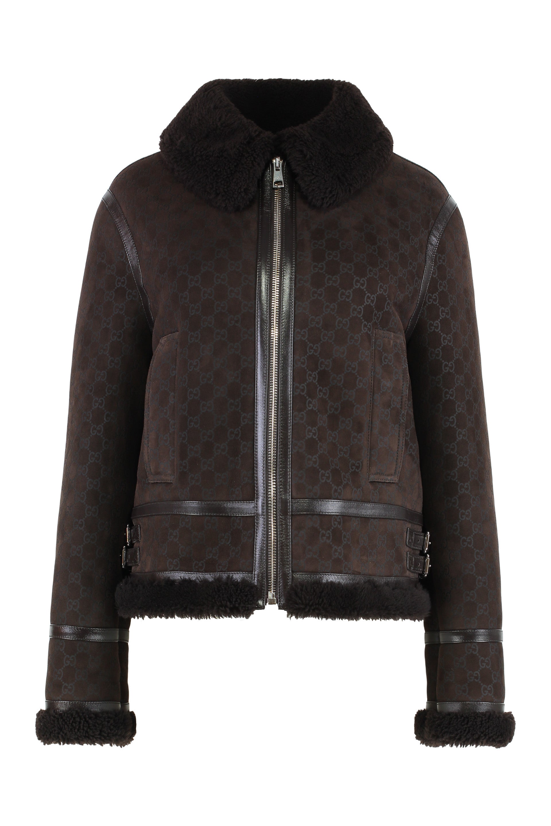 Gucci Giacca in pelle scamosciata e shearling stampata