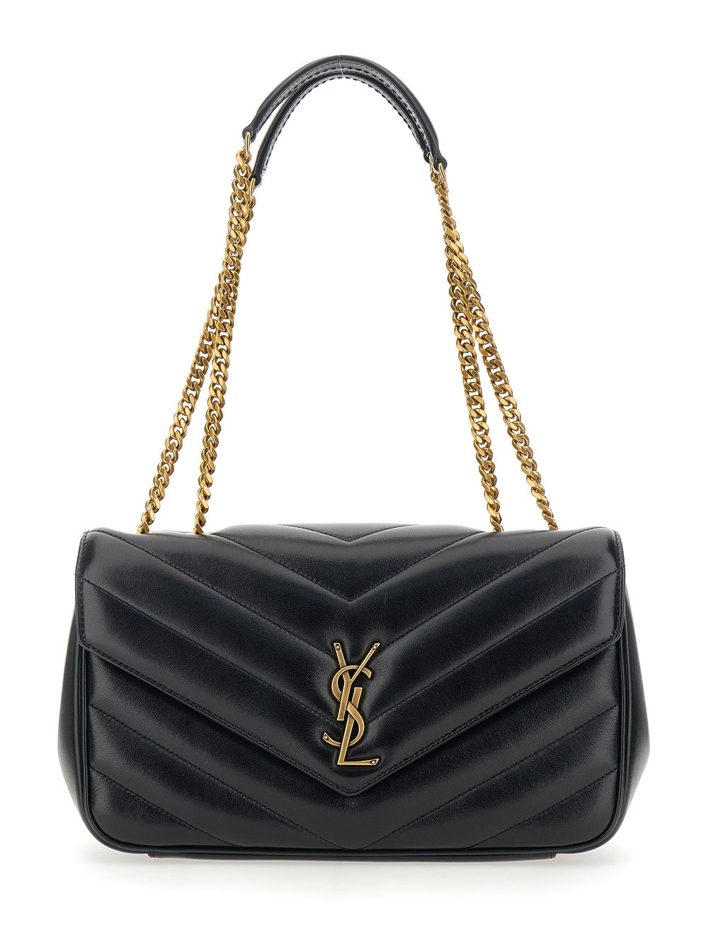 Saint Laurent Borsa a Tracolla 'Loulou' Media con Tracolla a Catena e Placca Cassandre sul Fronte in Pelle Trapuntata Nera Donna