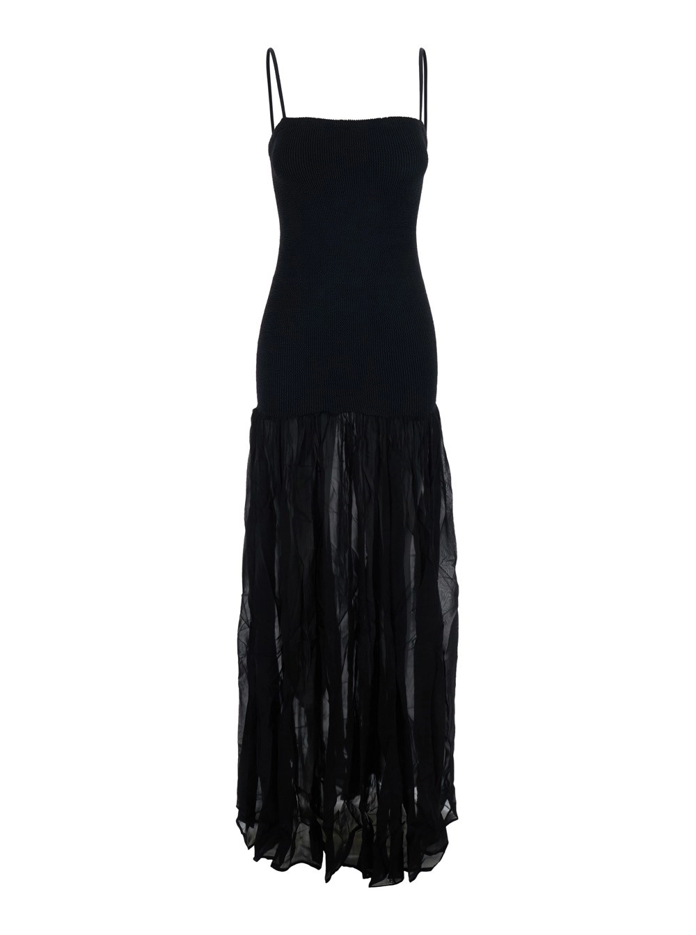 Hunza g Abito Lungo con Scollo Squadrato e Spalline Sottili in Tessuto Tecnico Stretch Nero Donna