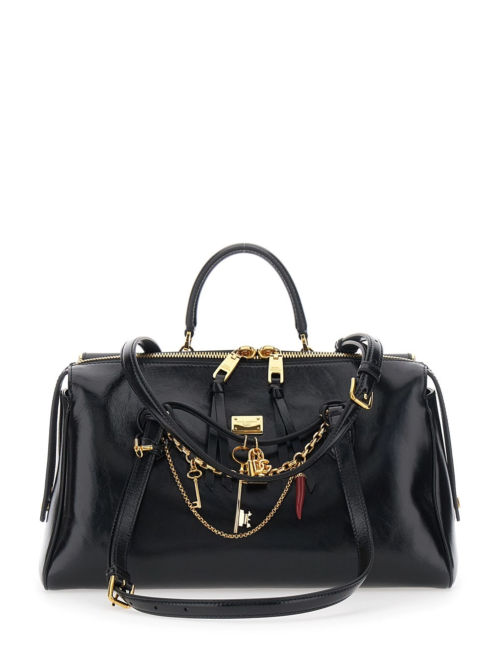 Dolce & Gabbana Borsa a Spalla 'Vittoria' con Dettaglio a Catena e Charm sul Fronte in Pelle Nera Donna