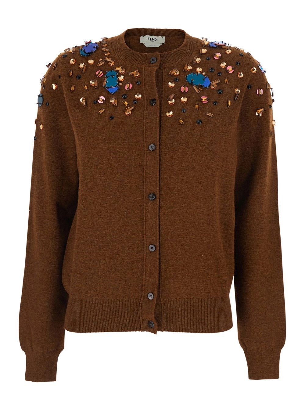 Fendi Cardigan Girocollo con Maniche Lunghe e Decorazione con Paillettes in Lana e Cashmere Marrone Donna