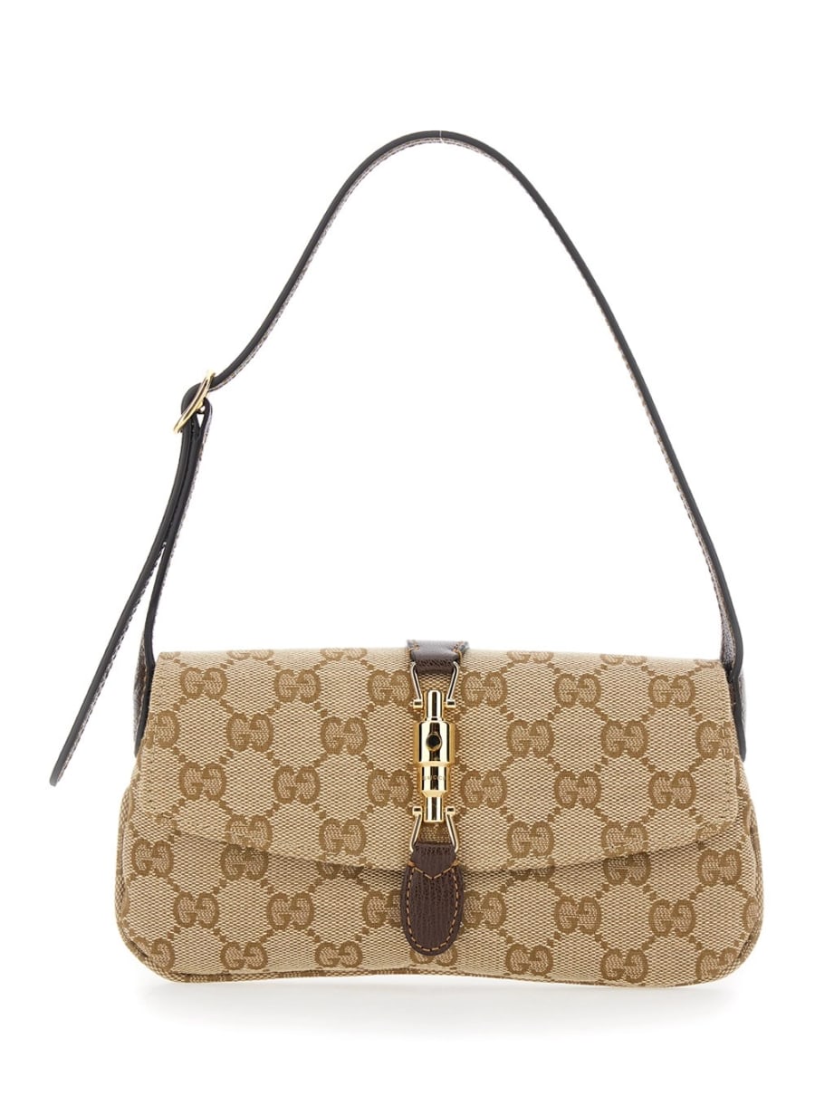 Gucci Borsa a Spalla 'Jackie' con tracolla regolabile e chiusura con pistone sul fronte in tela GG beige donna