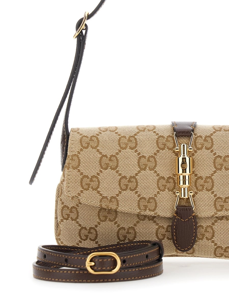 Gucci Borsa a Spalla 'Jackie' con tracolla regolabile e chiusura con pistone sul fronte in tela GG beige donna, view 5