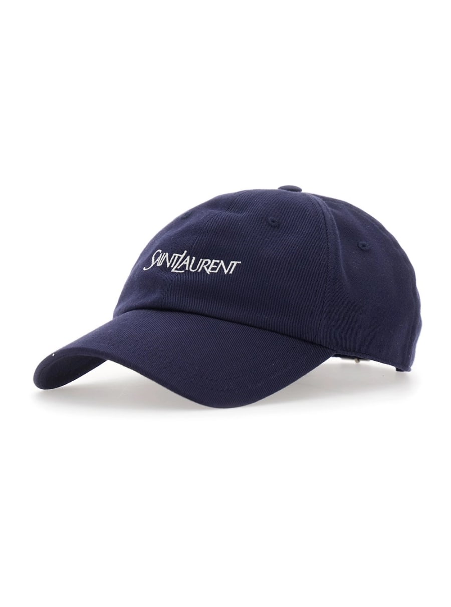 Saint Laurent Cappello da Baseball con Ricamo Logo Lettering sul Fronte in Cotone Blu Uomo