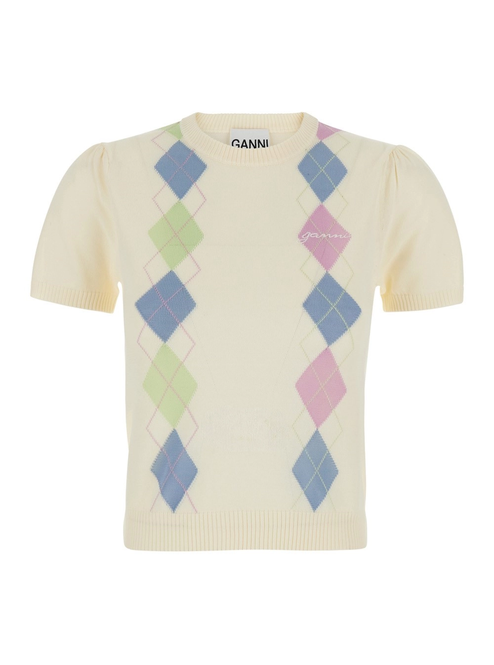 Ganni Maglione a Maniche Corte con Motivo a Rombi sul Fronte in Cotone Bianco Donna
