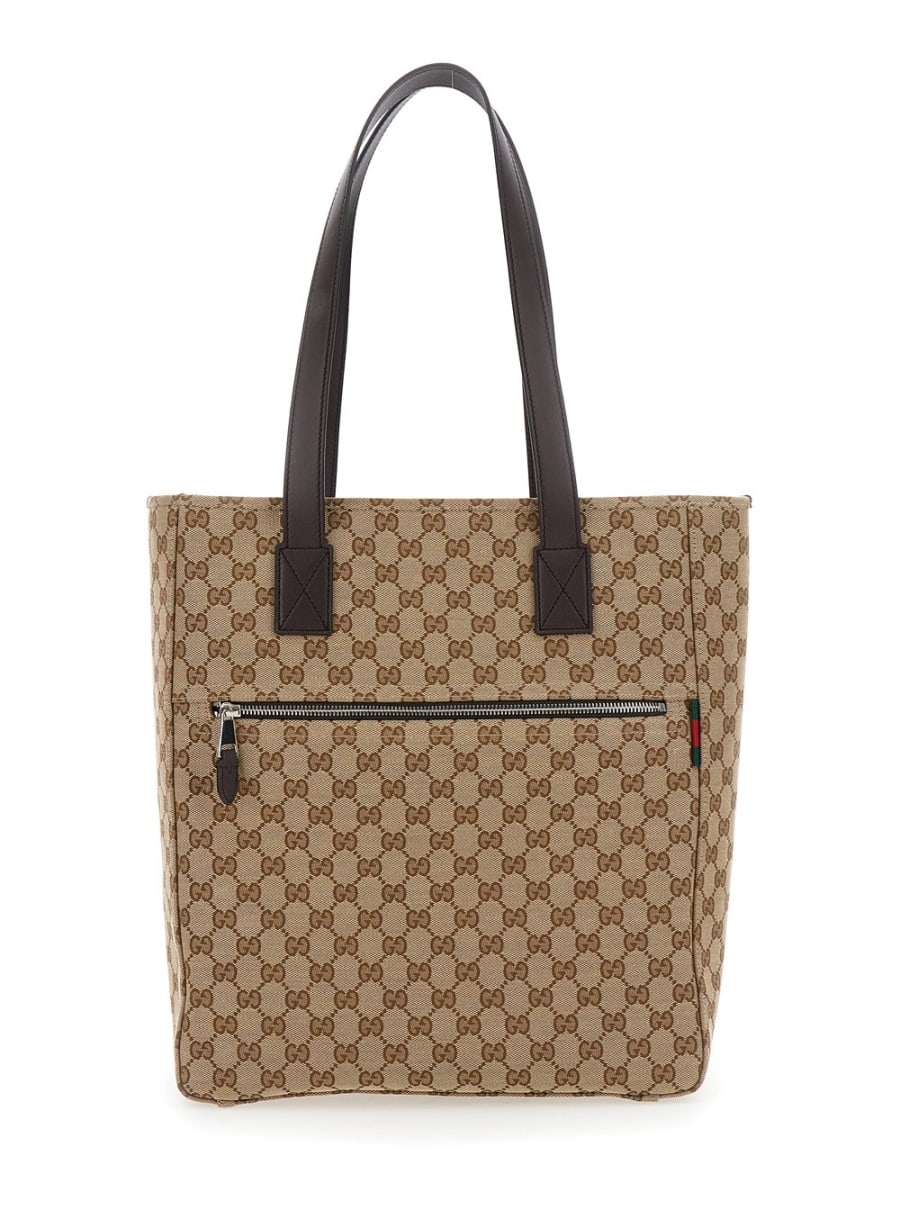 Gucci Borsa Shopping con Due Manici superiori in Pelle e Tasca con Zip sul Fronte in Tela GG Supreme Beige Uomo