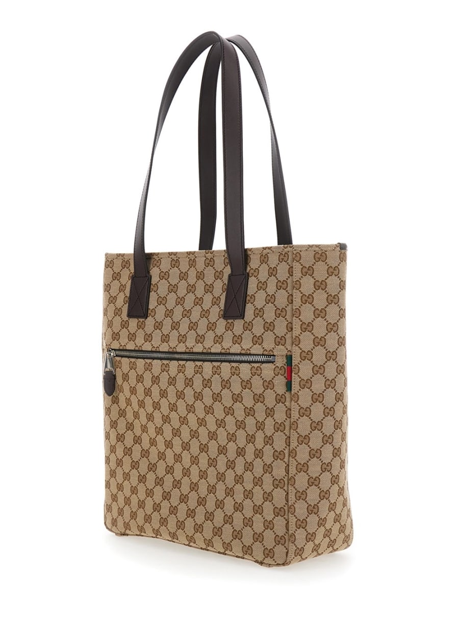 Gucci Borsa Shopping con Due Manici superiori in Pelle e Tasca con Zip sul Fronte in Tela GG Supreme Beige Uomo, view 2
