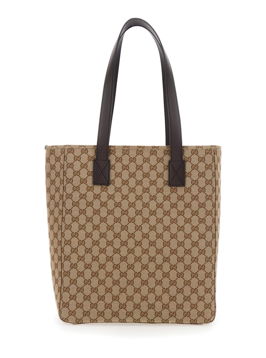 Gucci Borsa Shopping con Due Manici superiori in Pelle e Tasca con Zip sul Fronte in Tela GG Supreme Beige Uomo, view 4