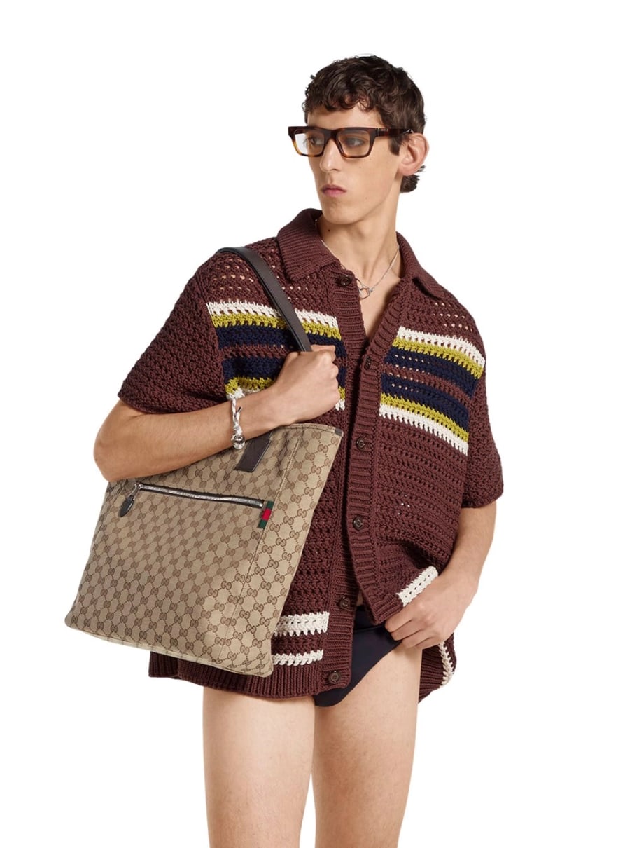 Gucci Borsa Shopping con Due Manici superiori in Pelle e Tasca con Zip sul Fronte in Tela GG Supreme Beige Uomo, view 6