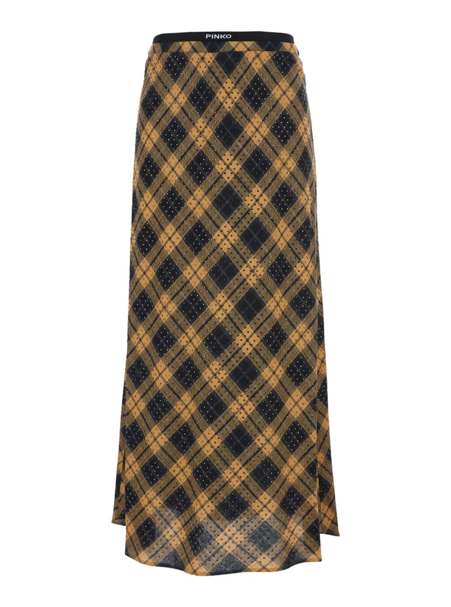 Pinko Gonna 'Gusana' con logo lettering in vita e motivo Check all-over in viscosa gialla donna