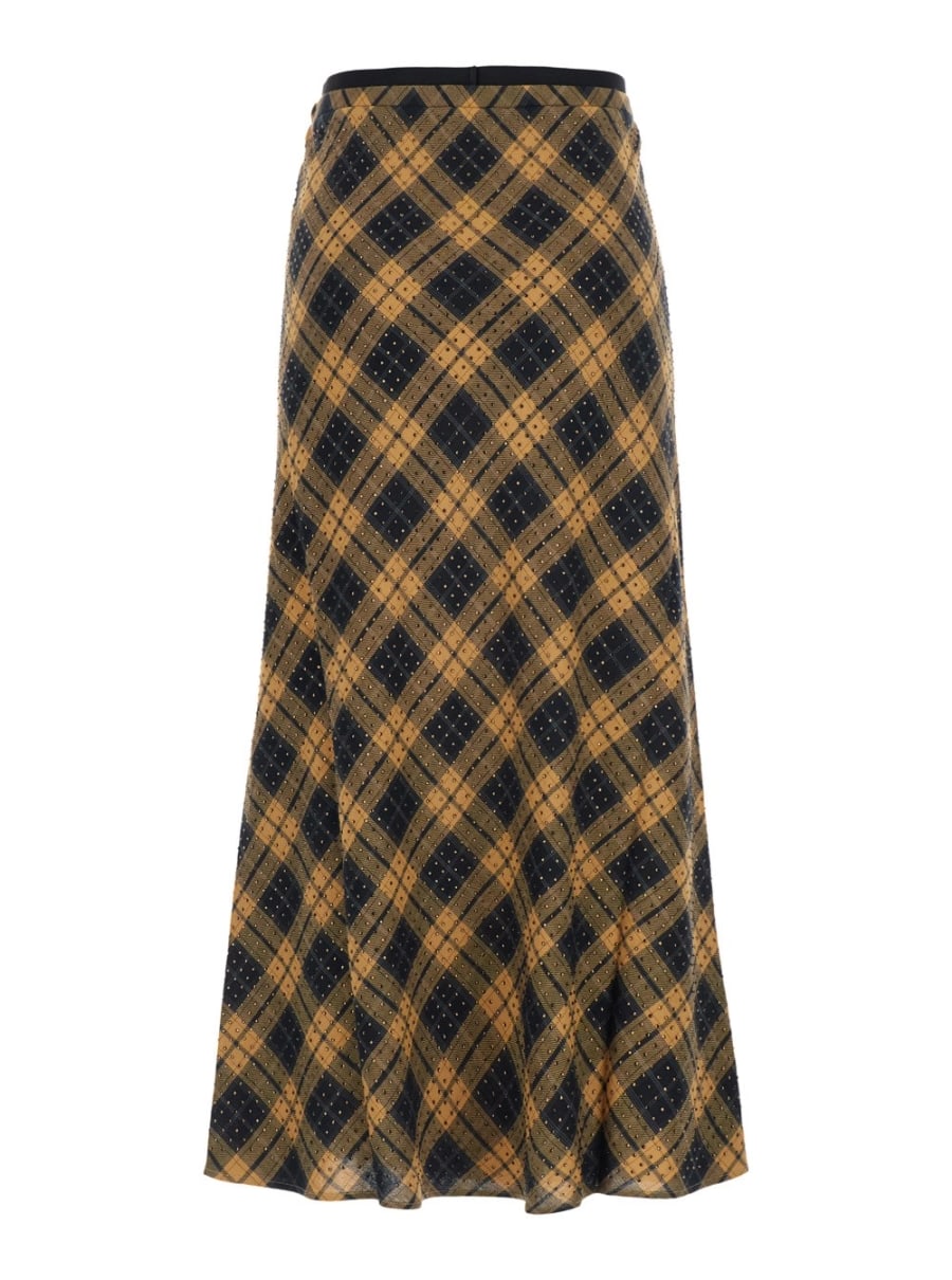 Pinko Gonna 'Gusana' con logo lettering in vita e motivo Check all-over in viscosa gialla donna, view 2