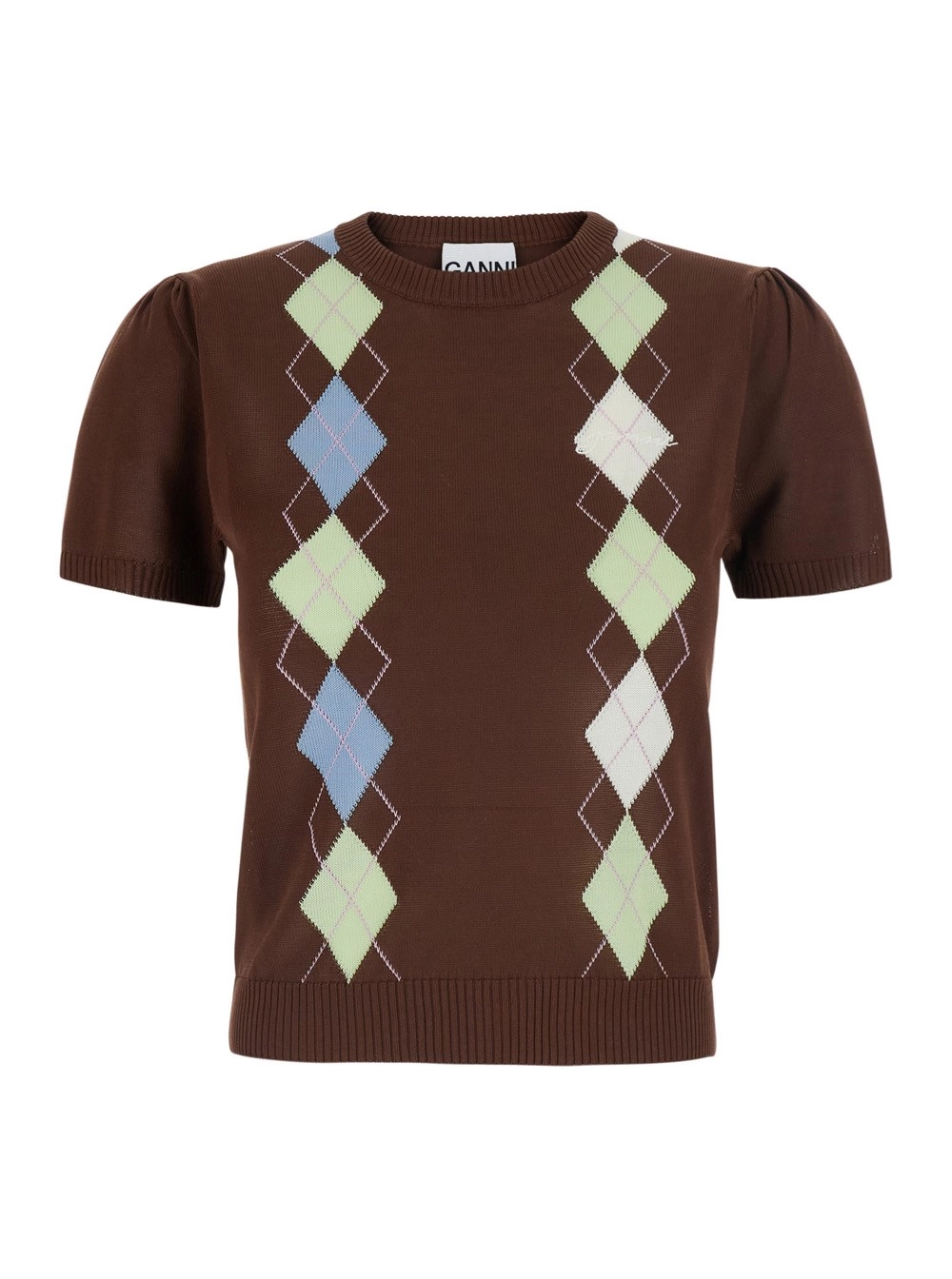 Ganni Maglione a Maniche Corte con Motivo a Rombi sul Fronte in Cotone Marrone Donna