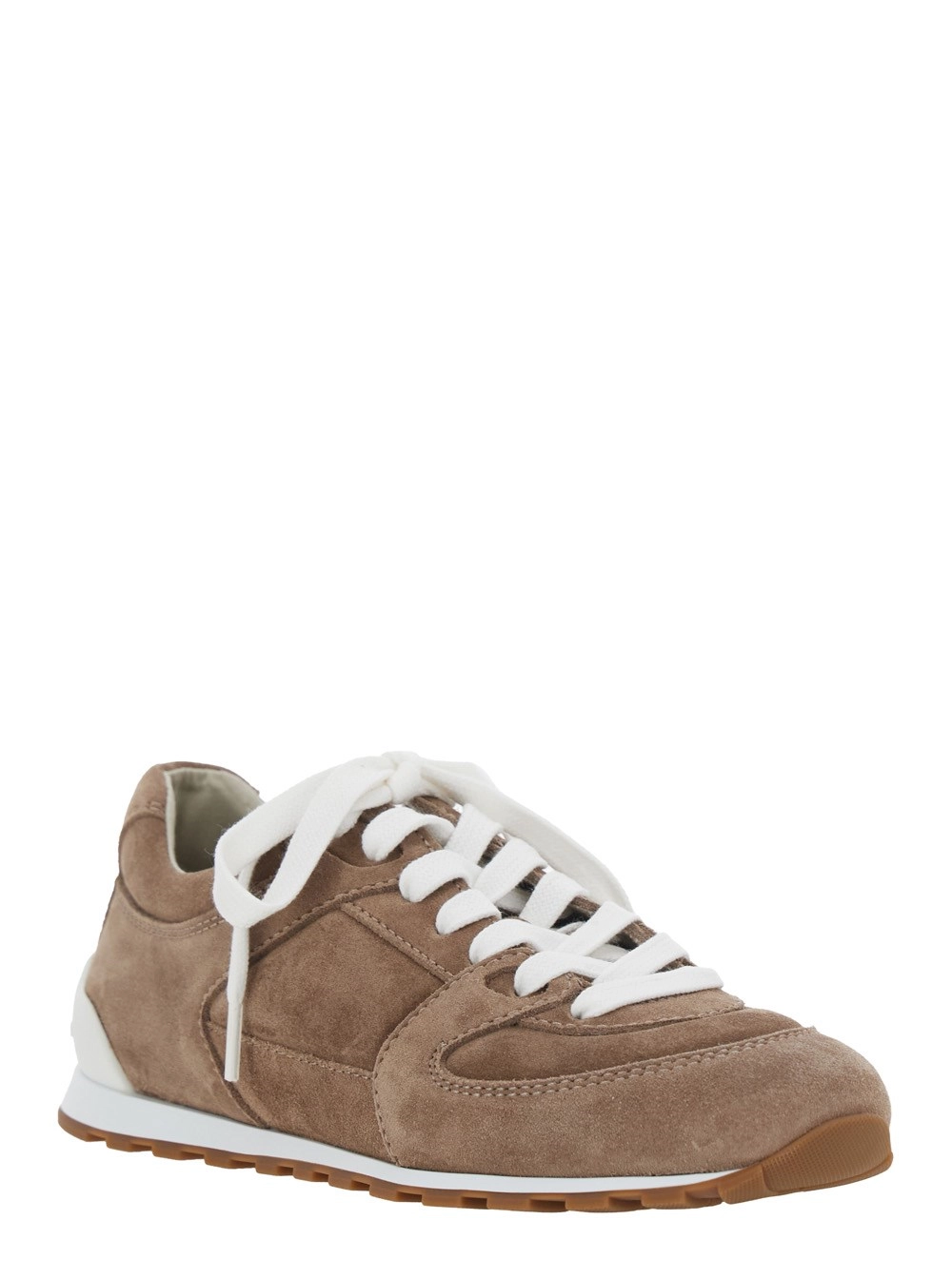 Brunello Cucinelli Sneaker Low Top con Design a Inserti in Pelle Scamosciata Marrone Donna, view 2