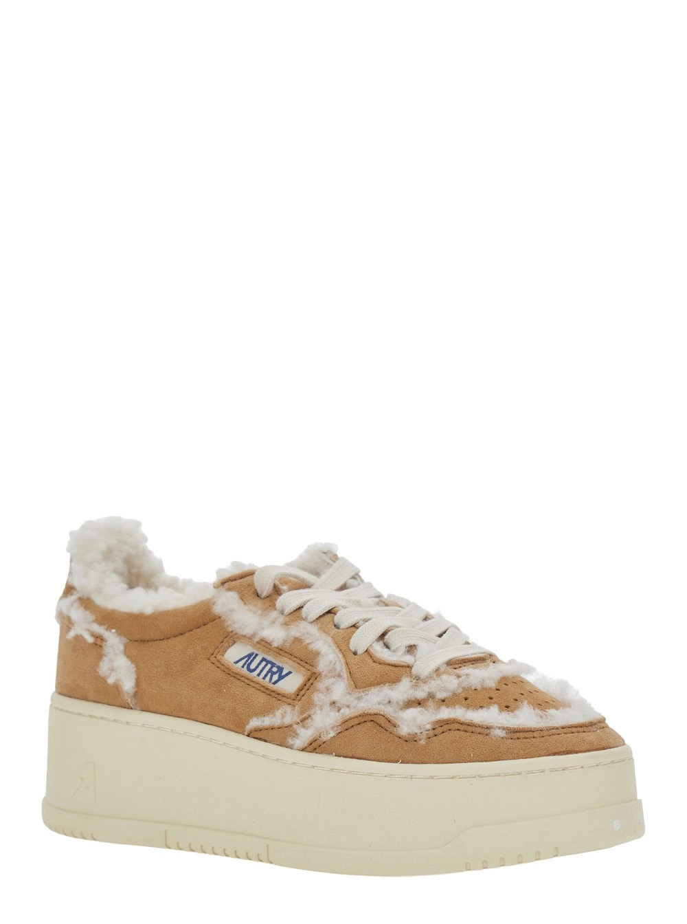 Autry Sneakers con suola platform e interno in shearling in pelle scamosciata beige donna, view 2