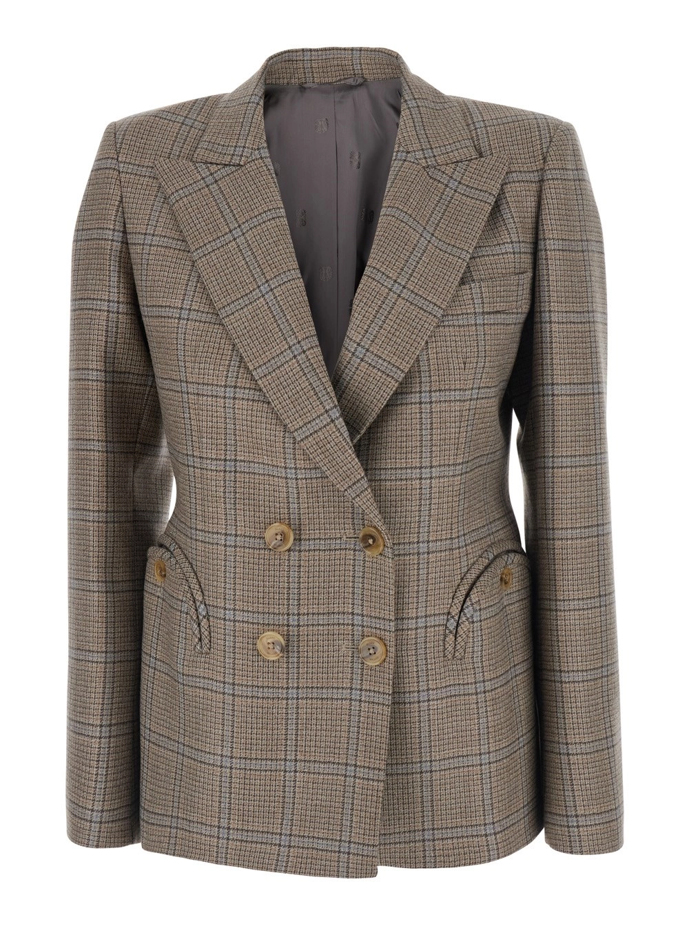 Blazé Milano Giacca Doppiopetto 'Saona' con Revers a Lancia e Motivo Check All-Over in Lana Beige Donna