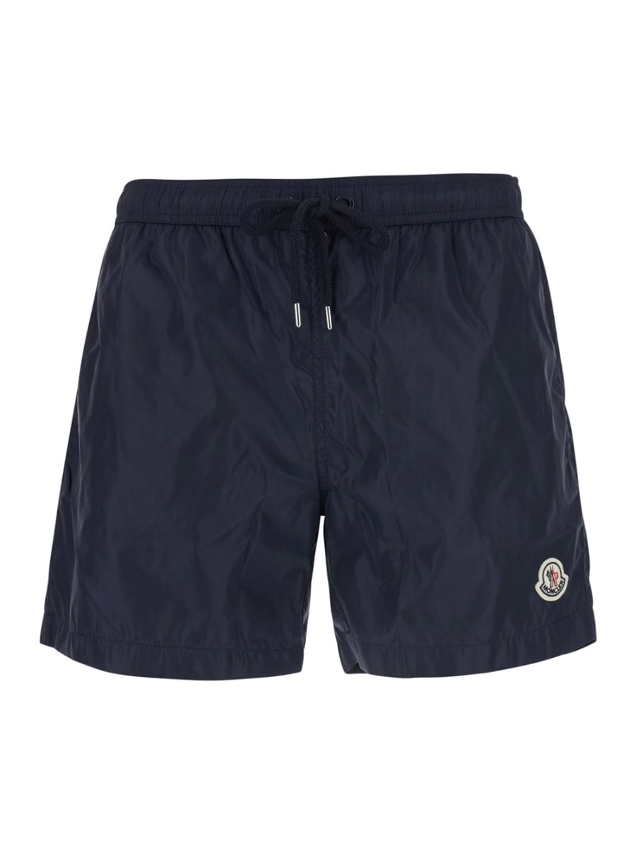 Moncler Costume da Bagno con Vita Elasticizzata con Coulisse e Patch Logo sul Fronte in Tessuto Tecnico Blu Uomo