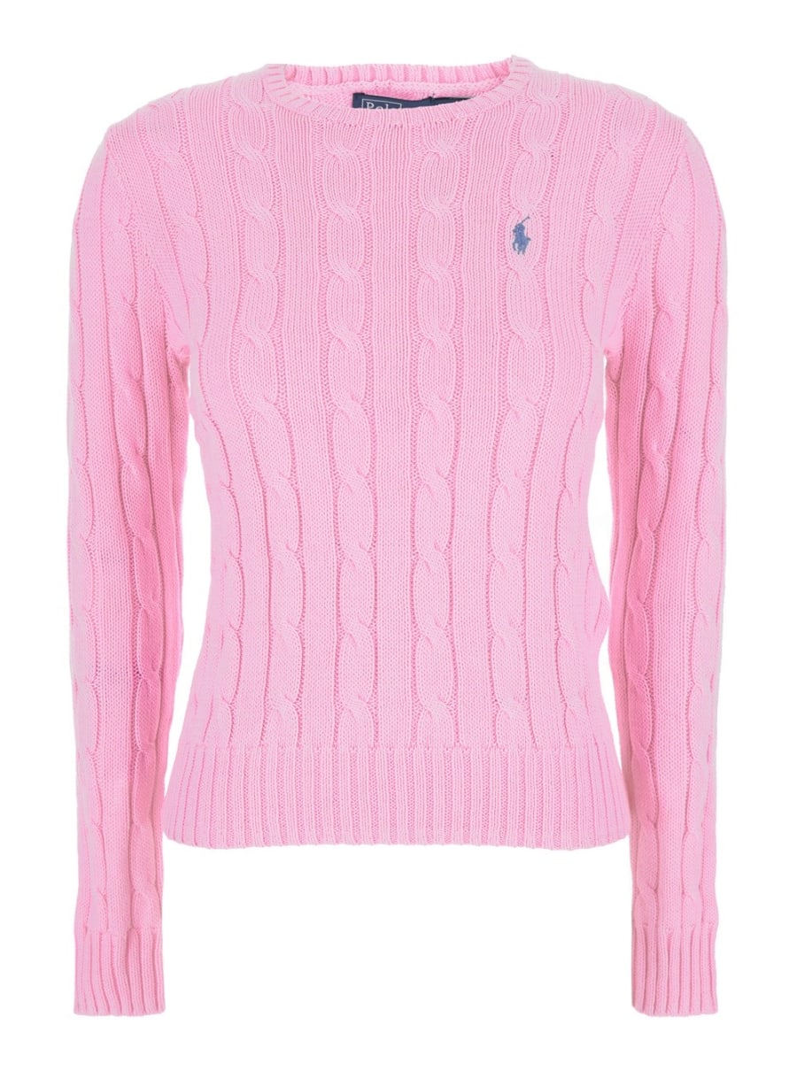 Polo Ralph Lauren Maglioni Girocollo con Ricamo Cavallino sul Fronte e Lavorazione a Treccia in Cotone Rosa Donna