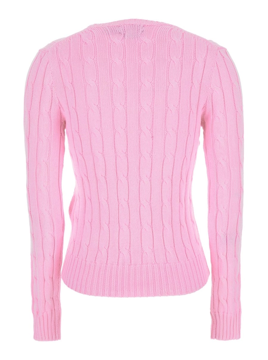 Polo Ralph Lauren Maglioni Girocollo con Ricamo Cavallino sul Fronte e Lavorazione a Treccia in Cotone Rosa Donna, view 2