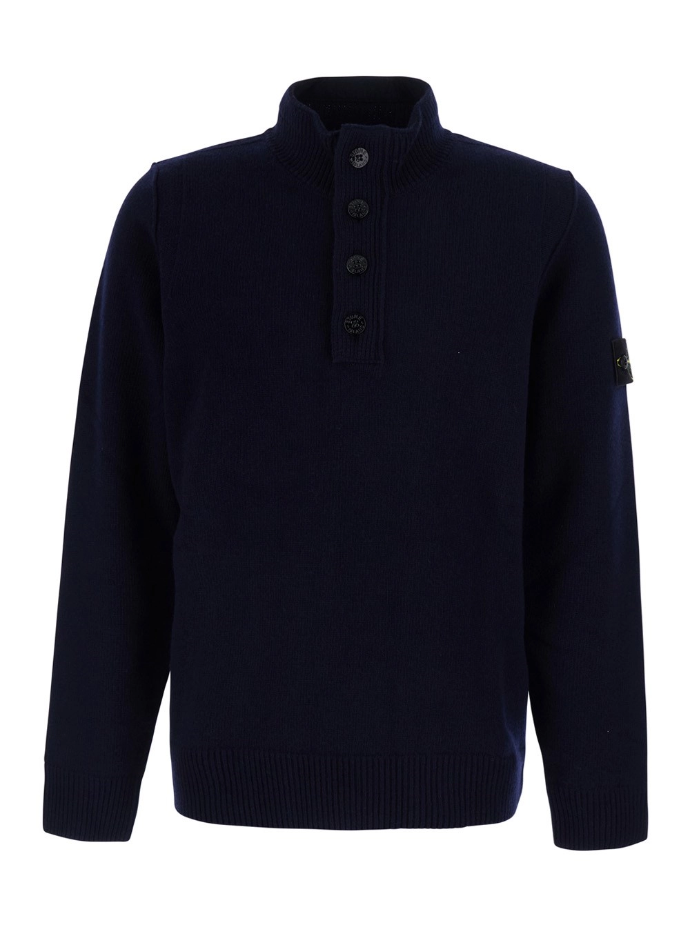 Stone Island Maglione a collo alto con bottoni sul fronte e patch logo sulla manica in lana blu uomo