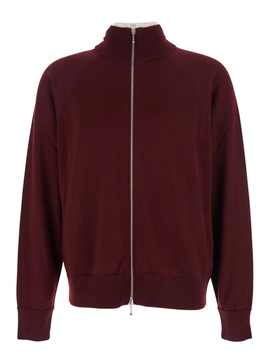 Jil Sander Cardigan a Collo Alto con Chiusura con Zip sul Fronte in Lana Bordeaux Uomo