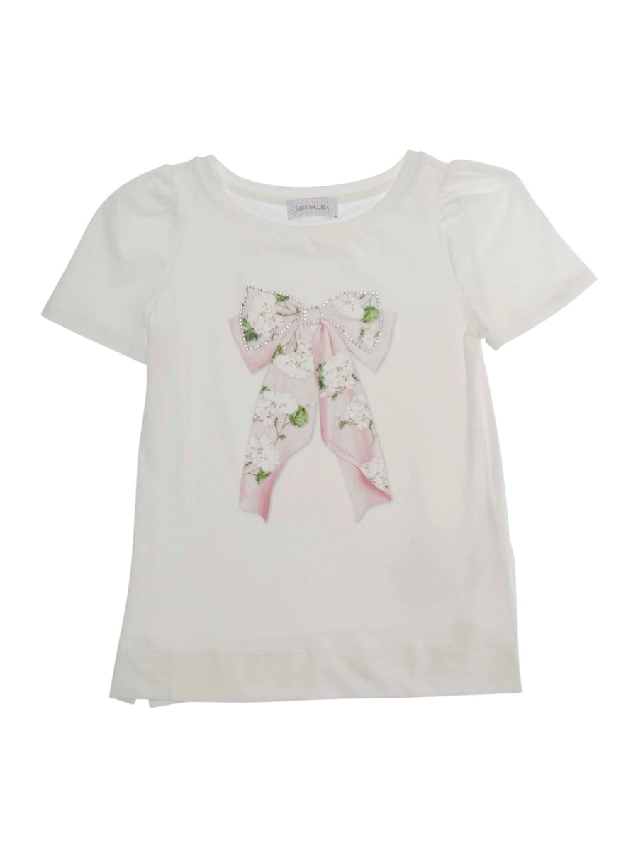Monnalisa kids T-Shirt Girocollo con Decorazione con Strass sul Fronte in Cotone Stretch Bianca Bambina