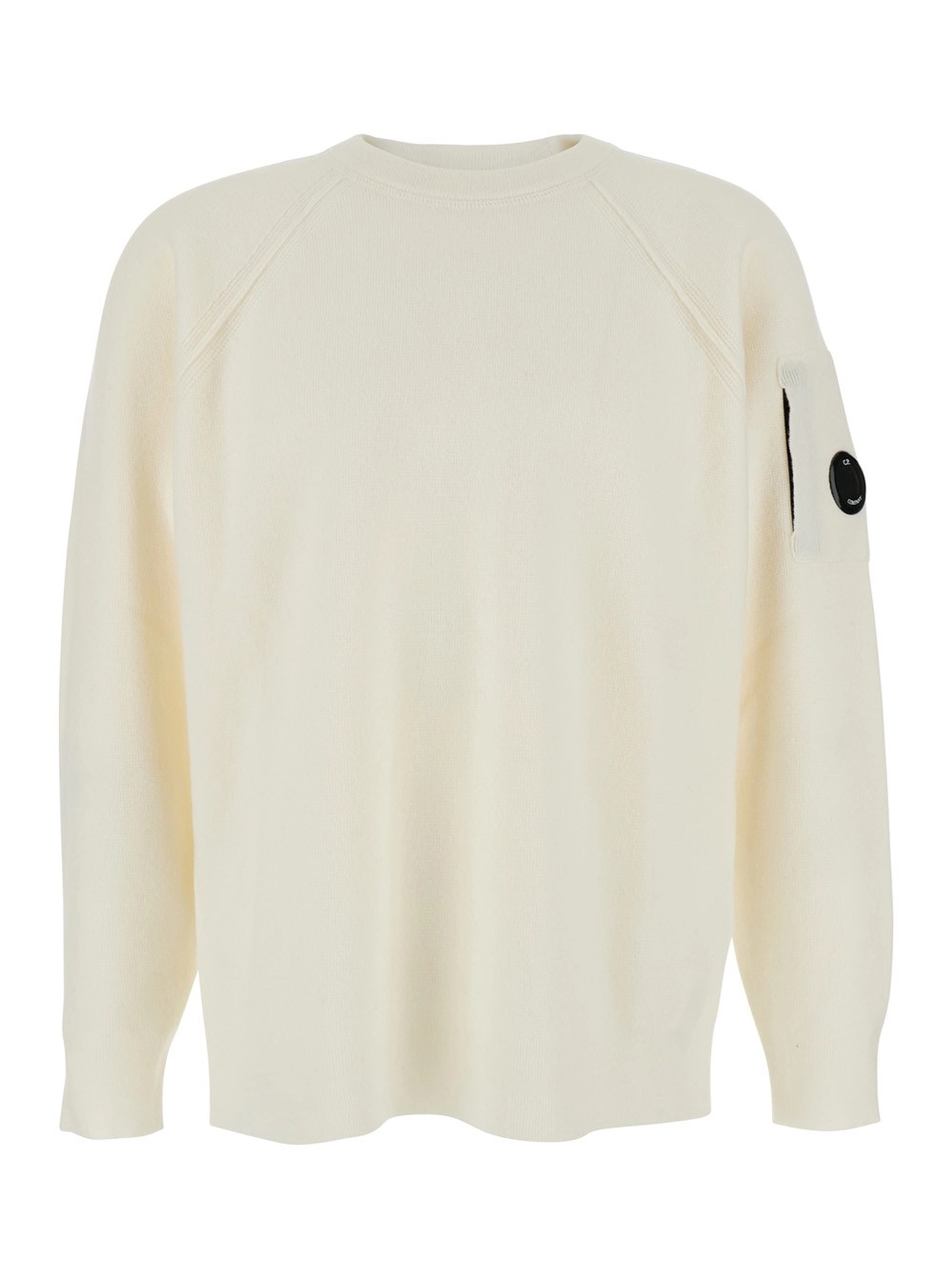 C.P. Company Maglione Girocollo con Placca Logo sulla Manica in Misto Lana Bianco Uomo